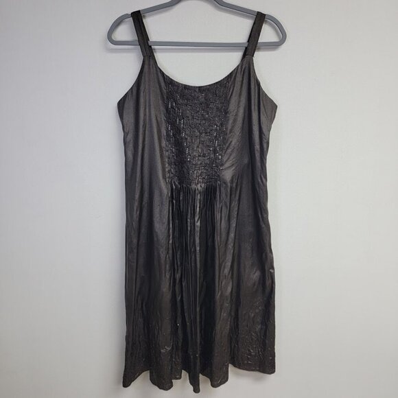 Eileen Fisher 100% Silk Sleeveless Dress Sz S Lined Sequins Pintuck Charcoal Y2K - Picture 1 of 12